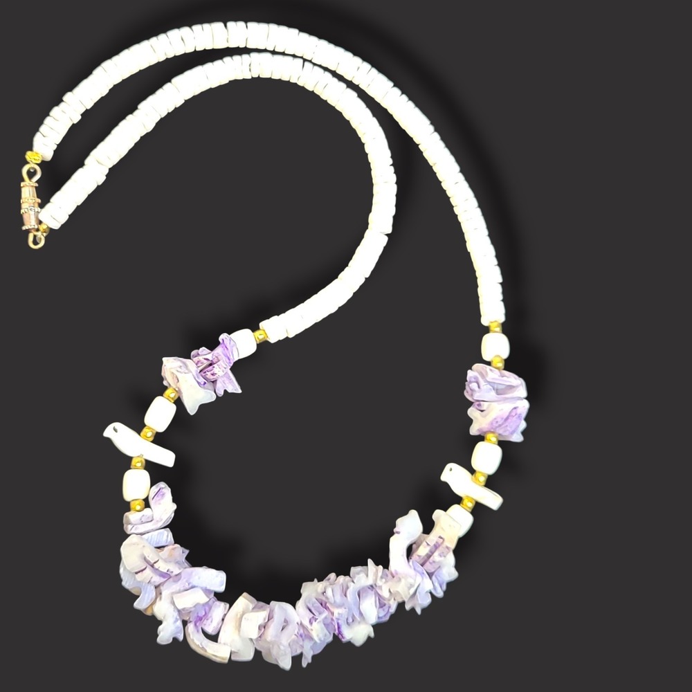 Purple & White Shell Chip‎ Necklace with Bird Fetish Beads Boho Tribal 16"